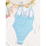 Deep V Neck Frilled Ruffled Halter Women Swimwear One Piece Swimsuit Female Monokini High Leg Cut Bather Bathing Suit Swim V8055