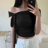 Korean Style Solid Color Women's Top Casual Slash neck Crop Top Fahionable Slim Fit White Tee Lady Summer Night Out Dress up