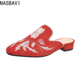 NASBAVI Fashion 3d Embroidery Mules Women Fur Slippers Velvet Shoes Ladies Low Heel Flower Decoration Sandals Women's Flip Flops