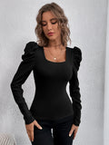 Phantasy New Y2k Tops Fashion Square Collar Slim Leg Sleeve Knitted Bubble Long Sleeve T-shirt Casual Style Vintage Clothing