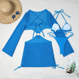 Women micro mini halter bikinis sets 3pcs with knitted long sleeve hollow out mini dress swimsuit bathing suit beach outfits