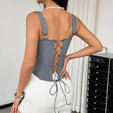 Sexy Tube Top Women Fashion Black Striped Patchwork Bandage Ruffles Slim Fit Fishbone Corset Camisole Sleeveless Club Party Tops