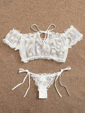 Toucheart Sexy Underwear Lace Lingerie Set For Women Off-Shoulder Small Chest Bralette+Thong Beachwear Transparent Bra Set New
