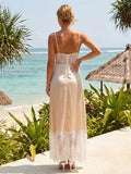 2026 Summer Women's Lace Patchwork Satin Dress Sleeveless Spaghetti Strap V Neck Long Dress Retro Sexy Elegant Dresses