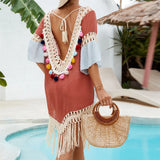 Splicing Tassels Half Sleeve Crochet Knitted Tunic Beach Dress Beach Wear Beachwear Beach Cover Up Cover-upsFemale Women V6631