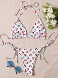 With Mesh Sarong Skirt Cherry Printed Bikini Female Swimsuit Women Swimwear Three Pieces Bikini Set Bathing Suit Swim Beachwear
