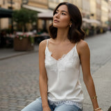 Fashion Summer Satin Tank Tops Women Solid Color Deep V Neck Sleeveless Adjustable Spaghetti Strap Lace Patchwork Vest