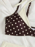 Coffee Polka Dot Print Patchwork Bikini Set 2026 Women Double Strap Push Up Bra High Waist Swimsuit Beach Bathing Suit Swimwear