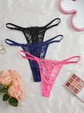 3Pcs/Set Women Sexy Floral Lace Thong Panties Low Waist Hollow Lace Sexy Lingerie Adjustable Thin Strap Underwear