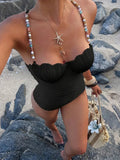 Wrinkled Shell Underwired Beads Women Swimwear One Piece Swimsuit Female High Leg Cut Monokini Bather Bathing Suit Swim Bodysuit