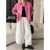 Women White Linen Blend Button Down Shirt Turn Down Collar Chest Pocket Loose Fit Blouse For Summer And Vacation Outfit KY7U