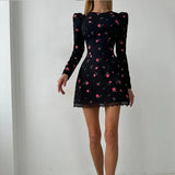 Ahagaga Elegant Women's Mini Dresses Print Heart-shaped Cutout Slim Fit A-Line Regualr Long Sleeves Trend O-Neck Lace Patchwork