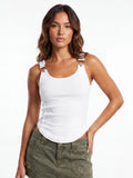 Women's Solid Color Ribbed Tank Tops Stylish Sleeveless Camisole with Metal Buckle Straps and Curved Hemline