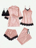 5 Pieces Women's Satin Sleepwear Pajama Set Robe Sexy Lingerie Bathrobe Lace Silk Night Dress Trousers Home Clothed Nightwear PJ