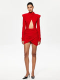 Ahagaga Eelgant Fashion Dresses For Women Solid Zipper Sheath Pleated Hollow Out Regular Long Sleeves Turtleneck Shoulder Pad