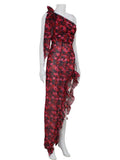 Ahagaga Floral Printed Sexy Women Chiffon Dresses Fashion One Shoulder Sleeveless Regular Casual High Split Slim Sheath Vestidos