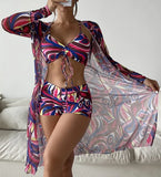 New Women's 3 Pieces Swimsuit Allover Print Tankini+Long Gauze Coat Cover-Up Swimwear High Waist Shorts Bathing Suit Beachwear