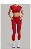 Yoga Set Women's Tracksuit Short Sleeve Back Hollow Out Sports Top Athletic Wear Tight High Waist Pocket Leggings Fitness Suits
