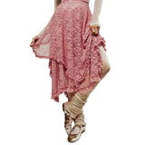 Women's Solid Color Midi Skirts Lace Elastic High Waist Skirts Spring Summer Sweet Irregular Hem Casual Skirts