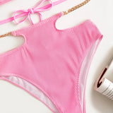 Sexy Push Up Underwire One Piece Swimsuit Women Solid Pink Metal Chain Hollow Out Ribbed Bathing Suit Backless Swimwear Monokini