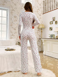 Spring Summer Sleepwear Women's Pajamas Floral Print Lettuce Trim Pajamas Set Tops and Long Trousers Loungewear Nightwear
