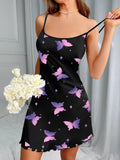 Women Butterfly Print Spaghetti Strap Nightgown Sleeveless Slim Fit Sleep Dress Soft Breathable Summer Home Loungewear
