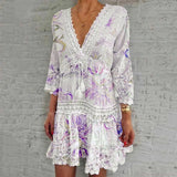 Dresses For Formal Occasions Womens Fashion V Neck Lace Jacquard Seven Quarter Sleeve Bohemian Floral Dress Sexy Beach Sundress