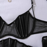 Toucheart Erotic Lingerie black Thin model see-through mesh Patchwork Body shaping gather together pure desire 5PCS with Gloves