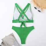 Wrinkled Crinkled Cross Back Bikini Women Swimwear Female Swimsuit Two-pieces Bikini Set High Cut Bathing Suit Swim Beach Wear