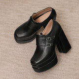 Plus Size Double Row Small Buckle Side Zipper Square Toe Double Layer Platform High Thick Heel Women's Pumps Shallow High Heels