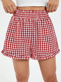 Women's Plaid Shorts Casual Loose Fitting Elastic Waist Shirred Ruffled Trim Short Pants Lounge Shorts