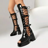 Plus Size Women Black Patent Matte Leather Lace Up Knee High Boots Peep Toe Platform Block Heel Back Zip Gothic Y2K Party Heels