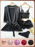 4Pcs Women Satin Pajama Set Robe Lace Lingerie Sexy Silk Nightwear Sleepwear Soft Satin Nightgown Pyjamas Nightdress Nighty Robe