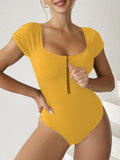2026 Short Sleeve Swimsuit Women One Piece Solid Swimwear Female Zipper Bathers Bathing Swimming Suit Summer Beachwear Bodysuit