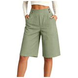 Women's High Waist Cotton Linen Bermuda Shorts Double Breasted Wide Leg Casual Shorts With Pockets Loose Fit Office Summer Short