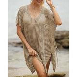 Short Sleeve V Neck Hollow Out Crochet Knitted Tunic Beach Dress Beach Wear Beachwear Beach Cover Up Cover-upsFemale Women V8061