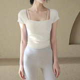 Women's yoga fitness short sleeved T-shirt, fixed chest cushion mesh fake two-piece yoga training fitness top