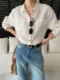 Women White Linen Blend Button Down Shirt Turn Down Collar Chest Pocket Loose Fit Blouse For Summer And Vacation Outfit KY7U