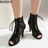 NASBAVI Women Latin Dance Boots Tango Party Shoes for Ladies Girls High Heels Ballroom Dance Shoes Mesh Rumba Samba Salsa Shoes