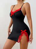 Summer Sexy Nightgown Women Comfortable Black Lace Trim V-Neck Side Slit Straps Nightdress Sleepwear Nightwear
