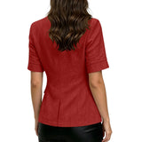 Women Textured Blazer Jacket Lapel Collar Double Breasted Half Sleeve Pocket Loose Suit Coat Elegant Office Summer Outerwear