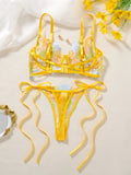 Women Yellow Floral Embroidery Lingerie Set Bow Tie Side Sheer Mesh Bra And Thong 2‑Pieces Intimate Underwear ZA825291
