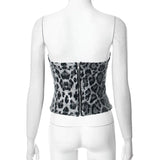 Sexy Chic Leopard Printed Corset Tops Women's Fashion Skinny Zip-up Sequins Crop Tops Strapless Night Club Outfit Streetwear