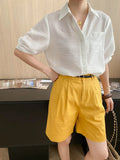 Turn-Down Collar Loose Short-Sleeve Shirt Women White Short Sleeve Shirt Chest Pocket V Neck Button Casual Summer Blouse H9EH