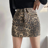 Womens Leopard Print Denim Mini Skirt High Waist Bodycon Pencil Skirts Sexy Slim Fit Hip Wrapped Night Club Skirts Streetwear
