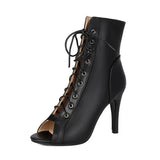 Plus Size Women Peep Toe Cutout Lace Up Ankle Boots with Side Zipper Stiletto High Heels Summer Hollow Out Short Booties