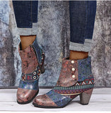 Ankle Boots Women Autumn PU Women's Shoes Ethnic Waterproof Casual Vintage Shoes Zipper High Heel Short Boots Botas Mujer