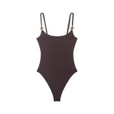 Black And Brown Spaghetti Strap Bodysuits With Rose Gold Button Decor Elegant Slim Fit Shapewear For Women Nightclub Wear 4UMT