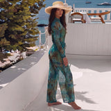 Vintage Blue Tie Dye SPF Pants Swimwear Sets Women Long Sleeve Front Zipper Slim Sun Protection Holiday One-piece Swimsuit 2026