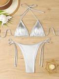 Sexy Shiny Silver Bikini Set Women Push Up Micro Swimsuit 2025 Brazilian Beach Bathing Suit Tie Side Thong Swimwear Biquini